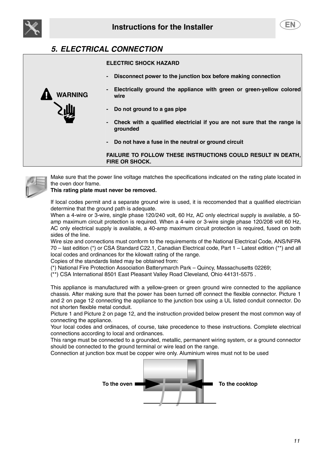 Smeg A1CXU6 important safety instructions Electrical Connection, This rating plate must never be removed 