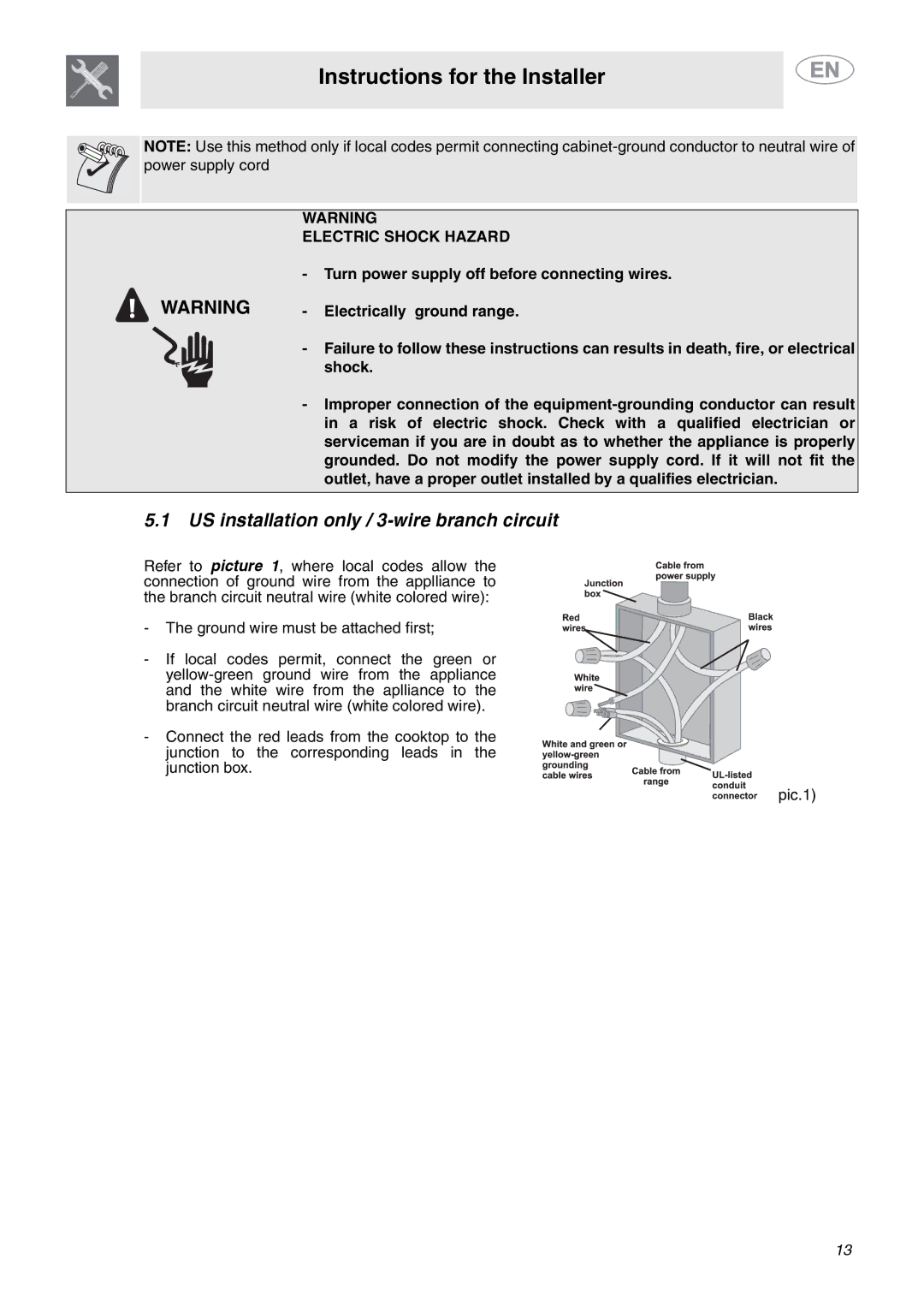 Smeg A1XCU6 important safety instructions US installation only / 3-wire branch circuit 