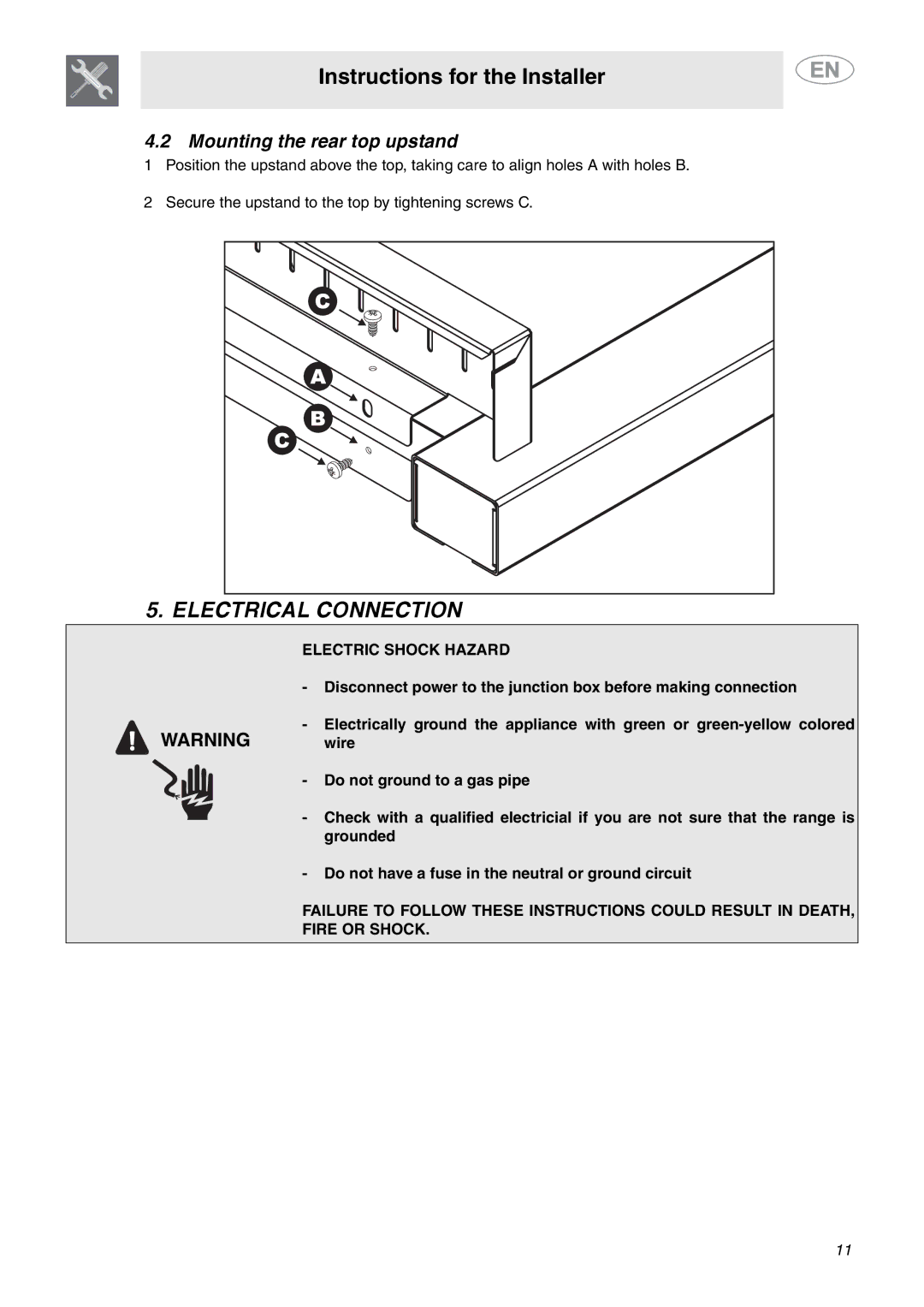 Smeg A1XCU6 important safety instructions Electrical Connection, Mounting the rear top upstand 