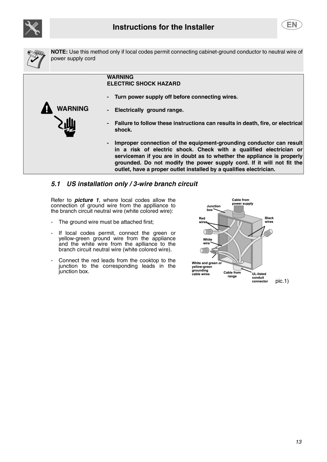 Smeg A1XCU6 important safety instructions 5.1US installation only / 3-wirebranch circuit, Instructions for the Installer 