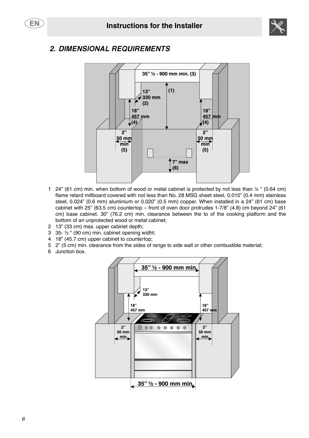 Smeg A1XCU6 important safety instructions Instructions for the Installer, Dimensional Requirements 