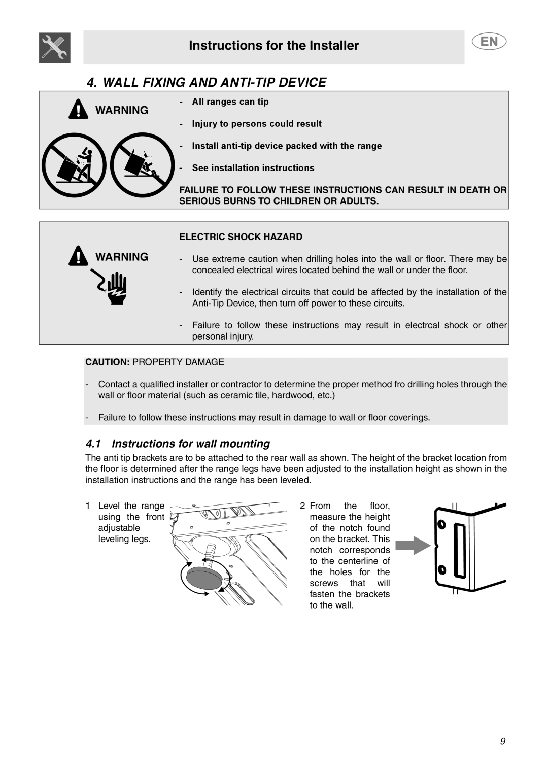 Smeg A1XCU6 Wall Fixing And Anti-Tipdevice, Instructions for wall mounting, Instructions for the Installer 