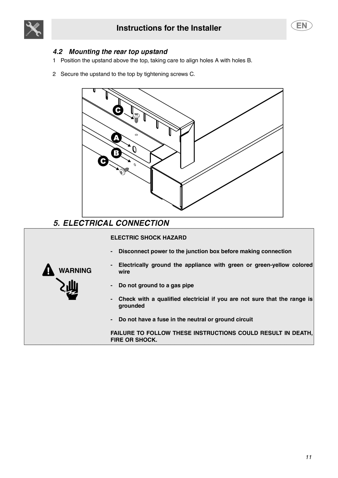 Smeg A1XCU6 Electrical Connection, Mounting the rear top upstand, Instructions for the Installer, WARNING wire 