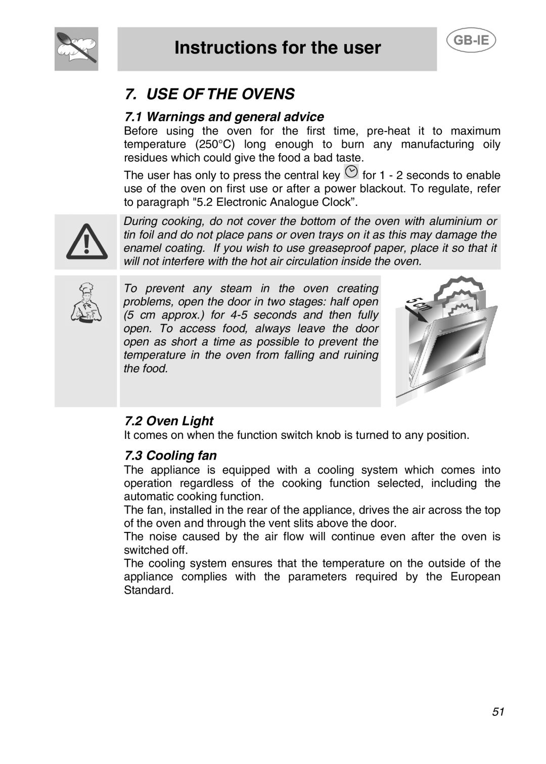 Smeg A2-5, A2-2 manual USE of the Ovens, Oven Light, Cooling fan 