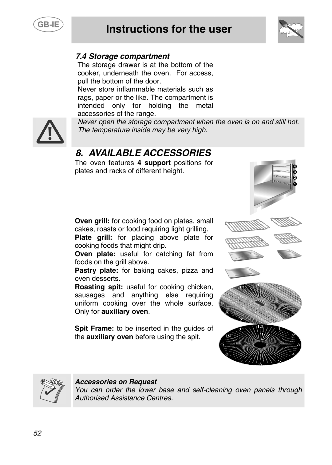 Smeg A2-2, A2-5 manual Available Accessories, Storage compartment 