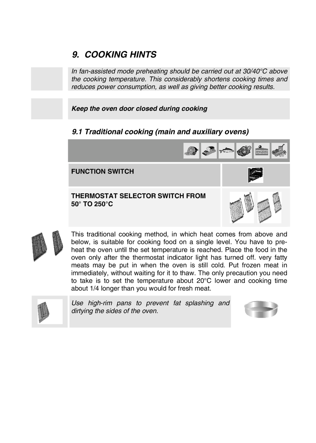 Smeg A2-5, A2-2 manual Cooking Hints, Traditional cooking main and auxiliary ovens 