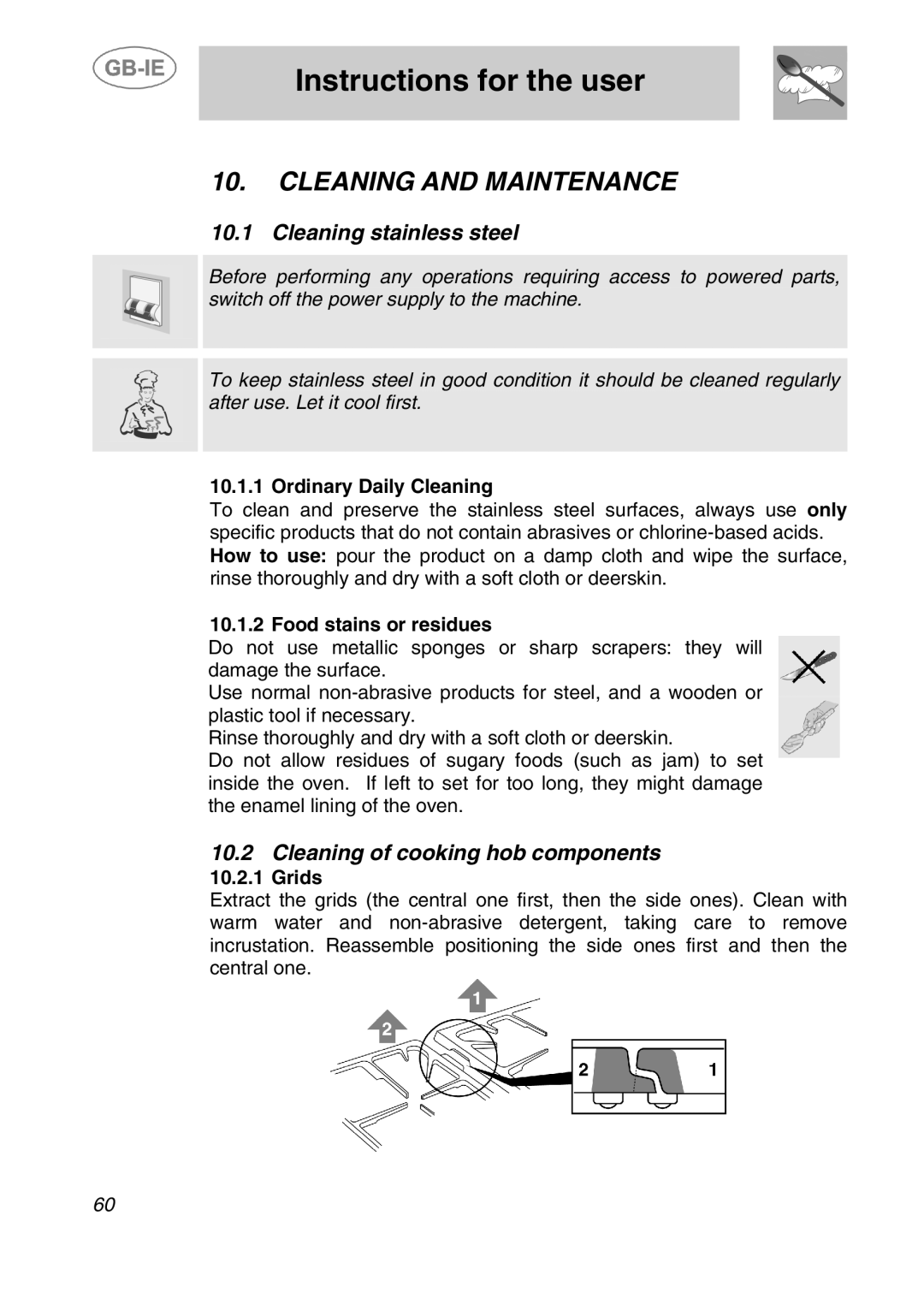 Smeg A2-2, A2-5 manual Cleaning and Maintenance, Cleaning stainless steel, Cleaning of cooking hob components 