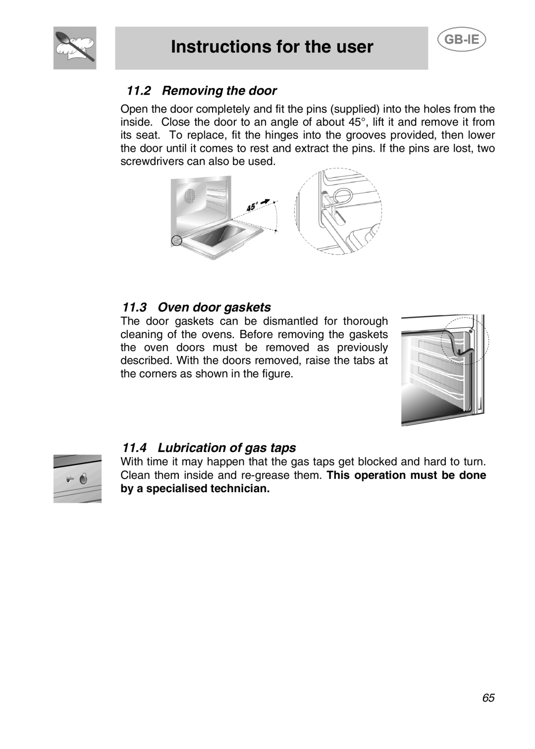 Smeg A2-5, A2-2 manual Removing the door, Oven door gaskets, Lubrication of gas taps 