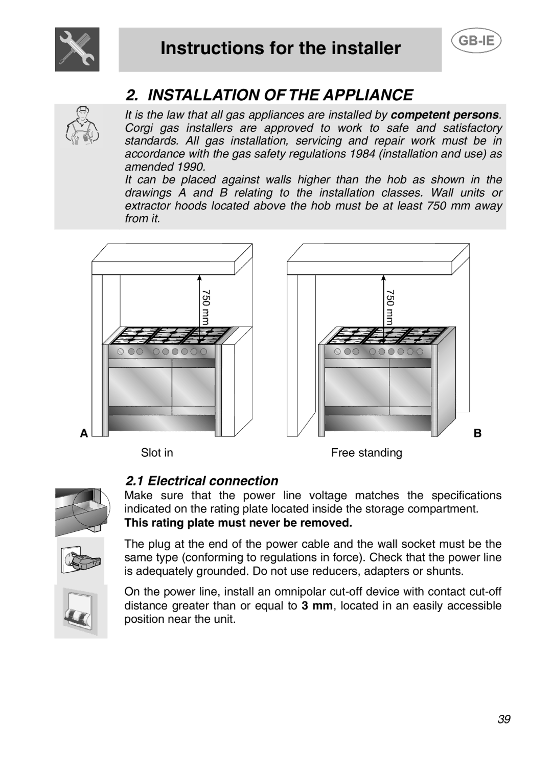 Smeg A2-5, A2-2 manual Installation of the Appliance, Electrical connection, Slot Free standing 