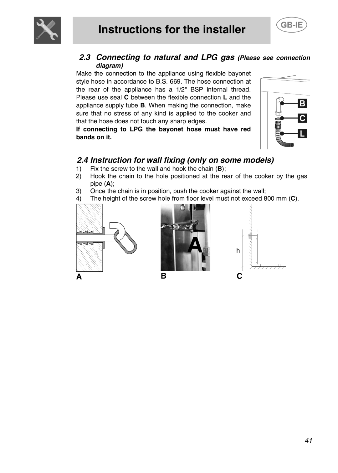 Smeg A2-5, A2-2 Connecting to natural and LPG gas Please see connection, Instruction for wall fixing only on some models 