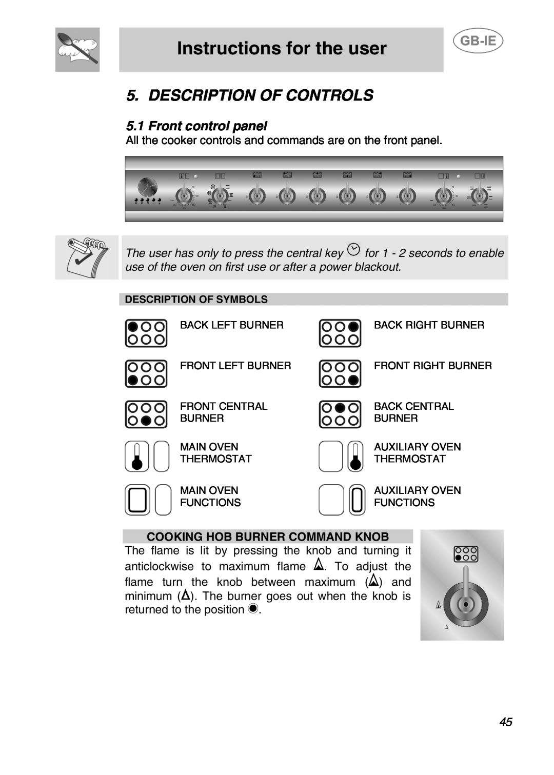 Smeg A2-5, A2-2 Instructions for the user, Description Of Controls, Front control panel, Cooking Hob Burner Command Knob 