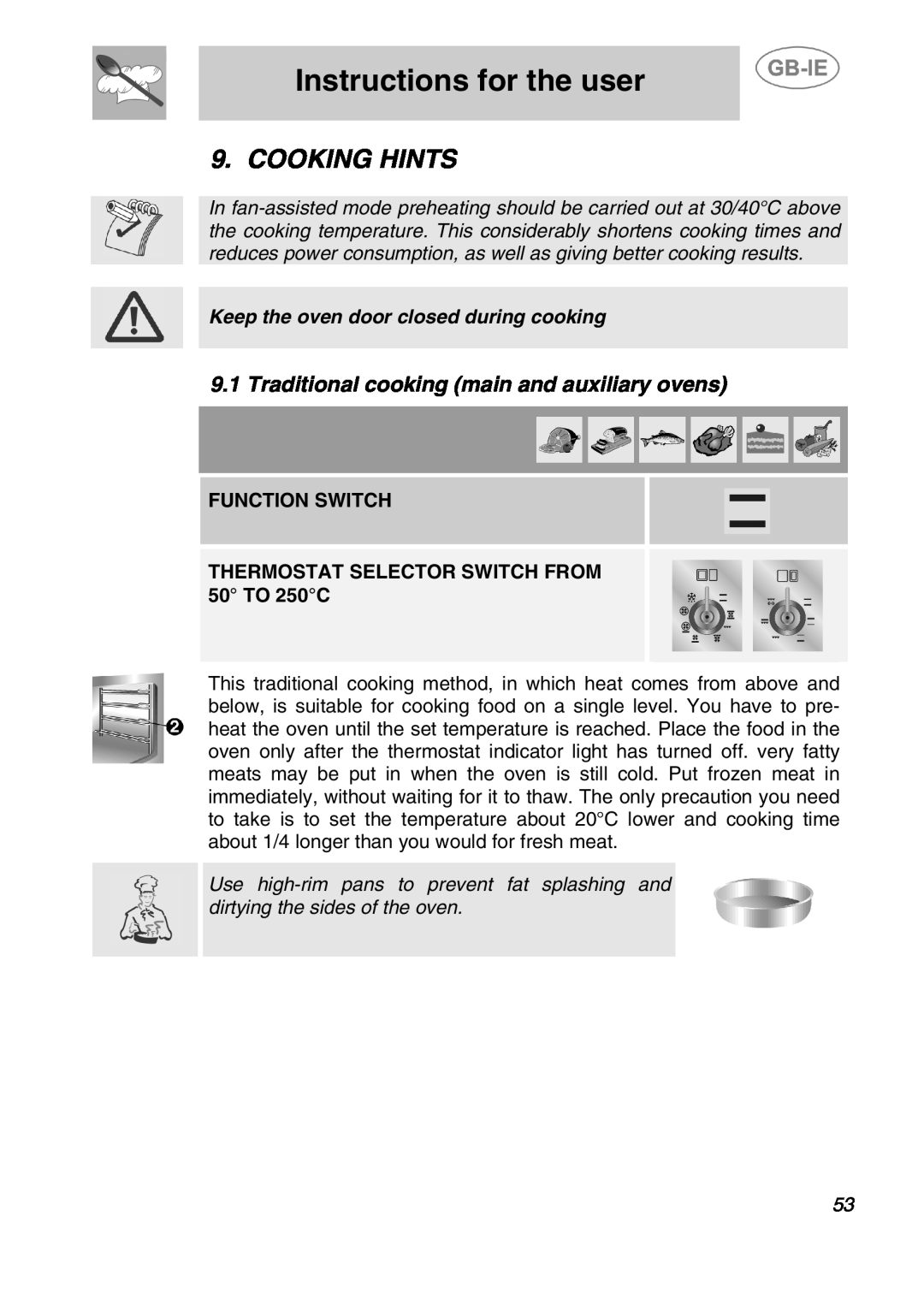 Smeg A2-5, A2-2 Cooking Hints, Traditional cooking main and auxiliary ovens, Instructions for the user, Function Switch 