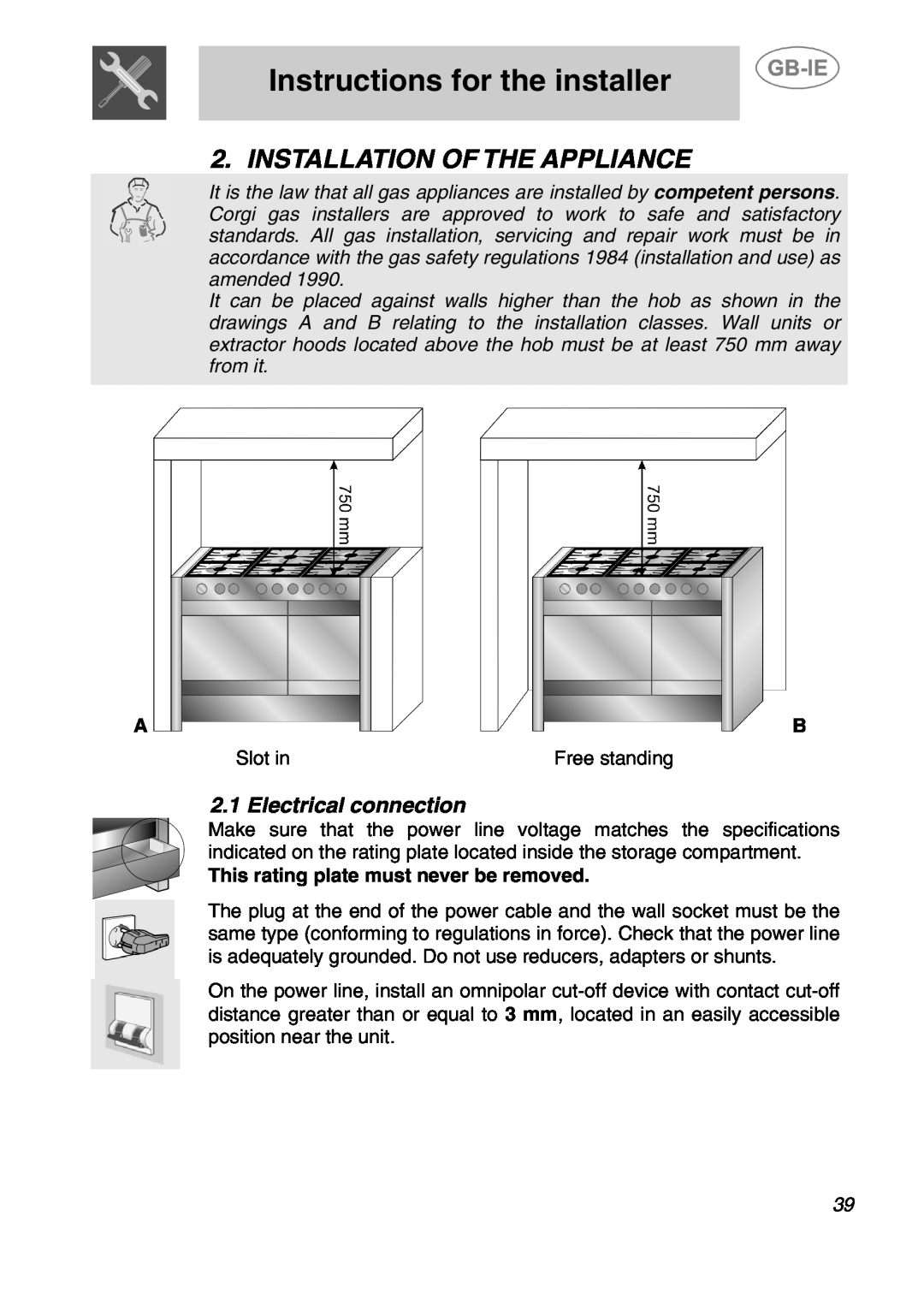 Smeg A2-5 Instructions for the installer, Installation Of The Appliance, Electrical connection, Slot in, Free standing 