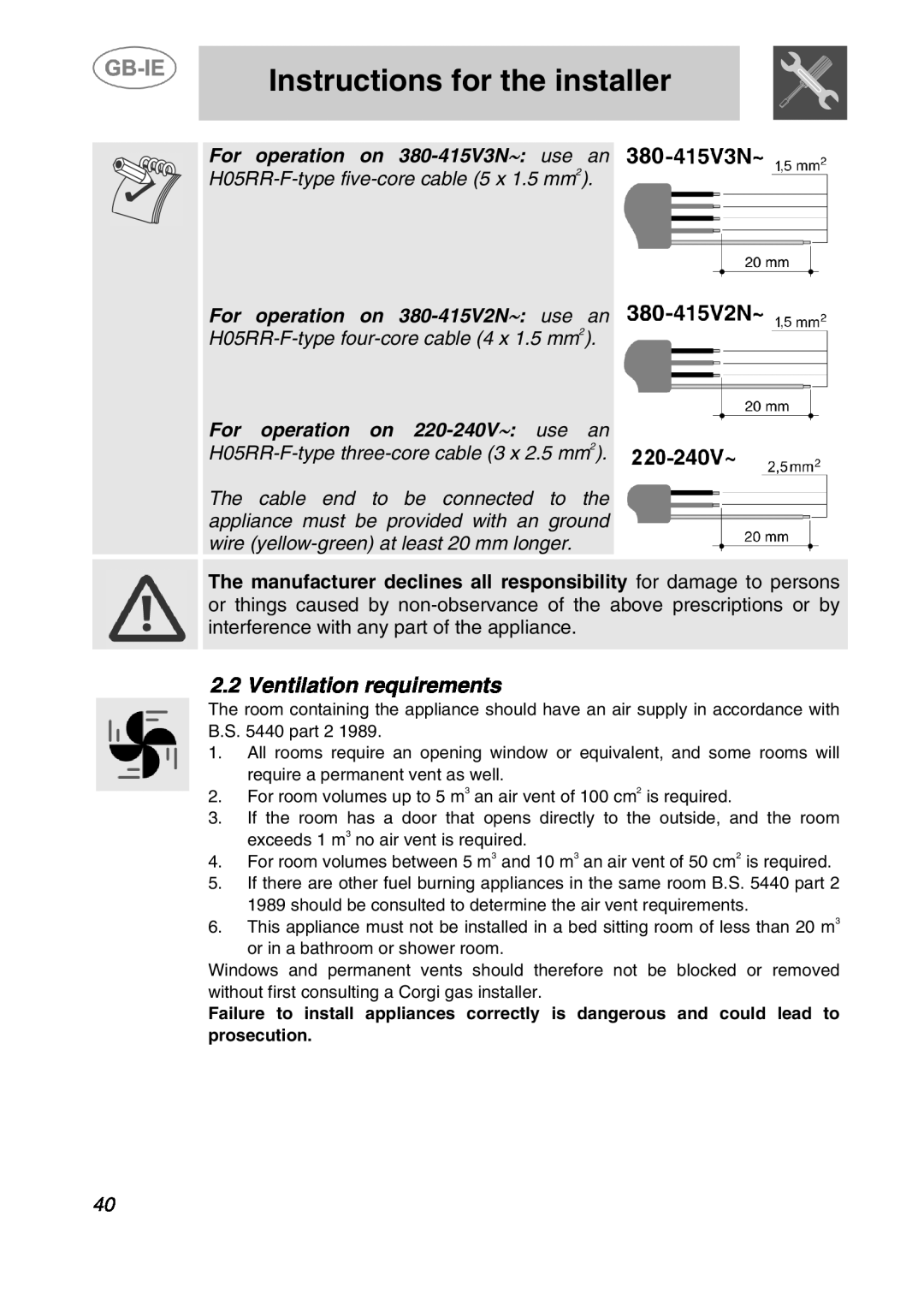 Smeg A2-2, A2-5 manual Ventilation requirements, Instructions for the installer, For operation on 380-415V3N∼: use an 