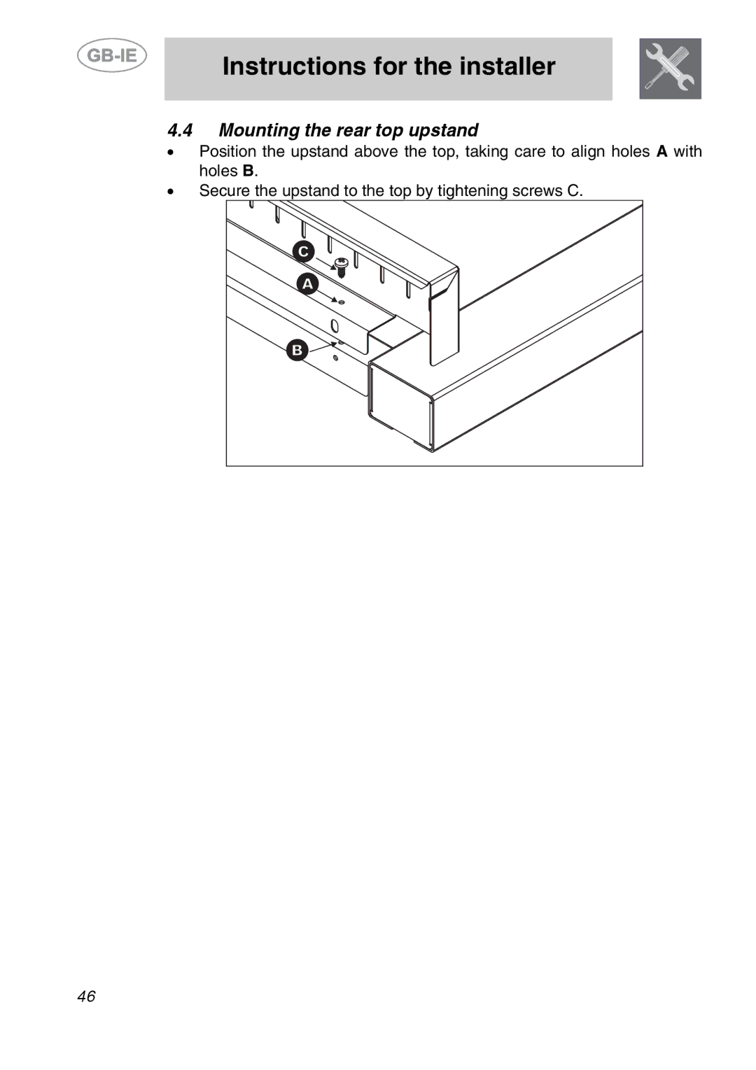 Smeg A2-6 manual Mounting the rear top upstand 