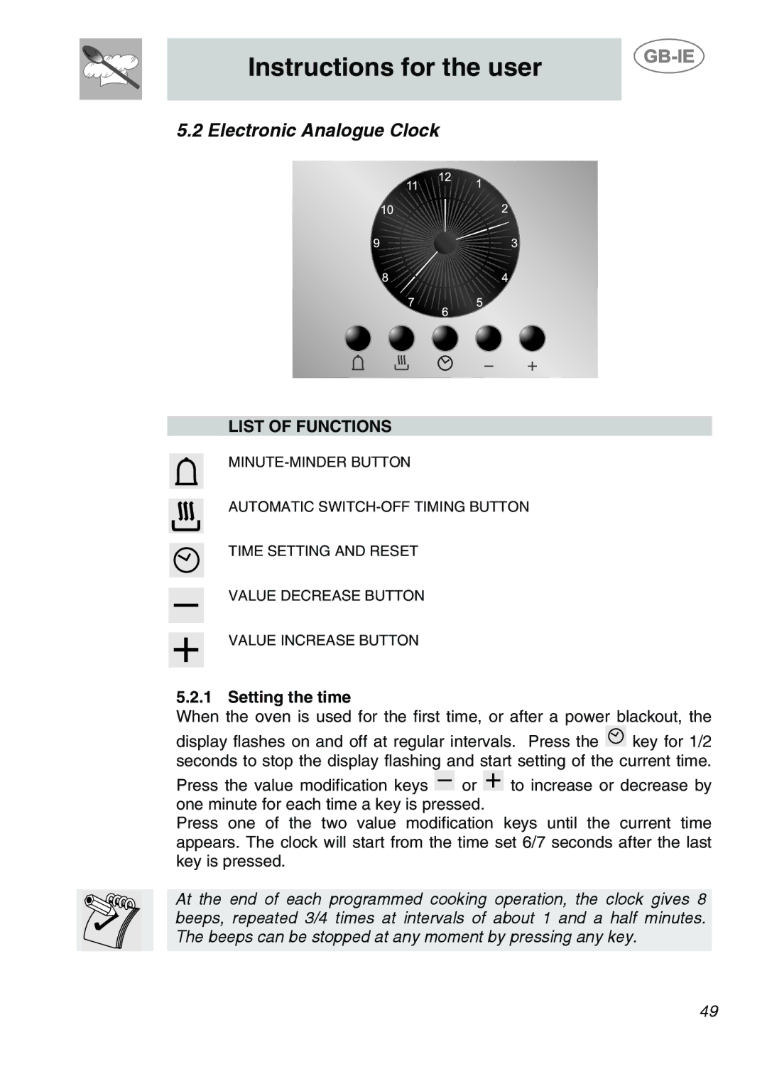 Smeg A2-6 manual Electronic Analogue Clock, List of Functions, Setting the time 