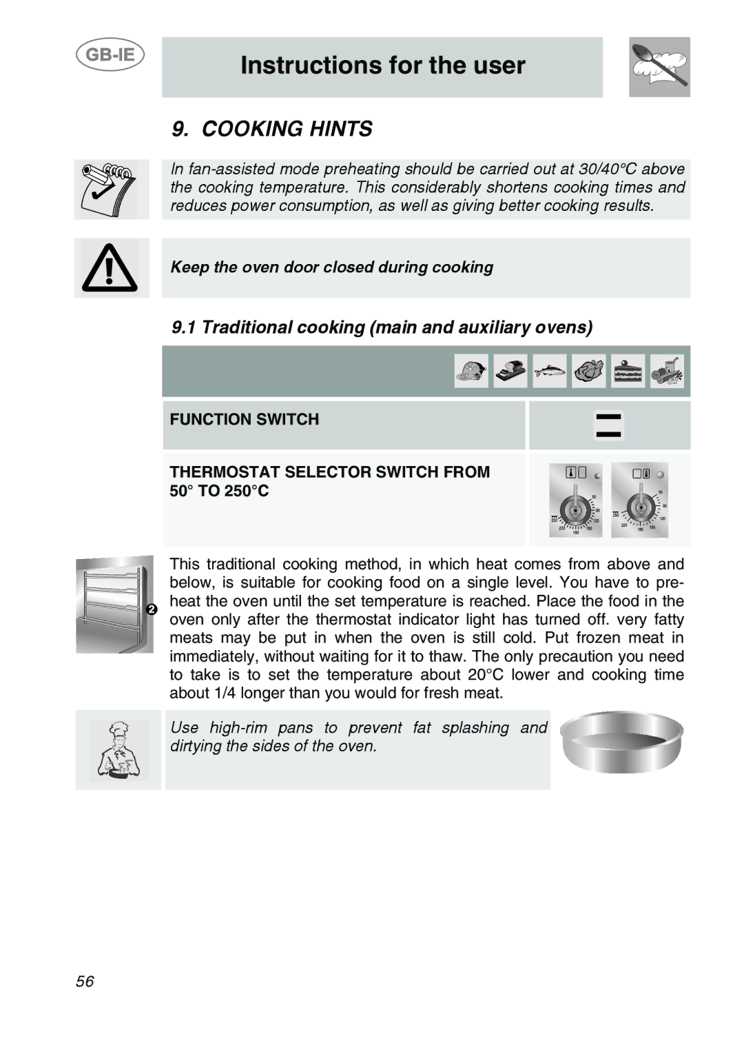 Smeg A2-6 manual Cooking Hints, Traditional cooking main and auxiliary ovens 