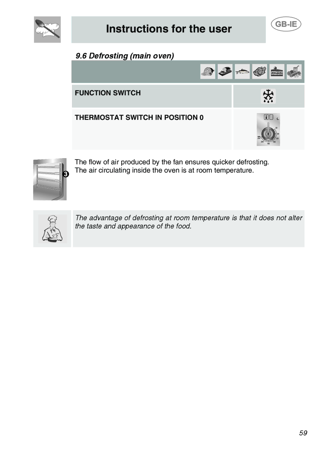 Smeg A2-6 manual Defrosting main oven, Function Switch Thermostat Switch in Position 