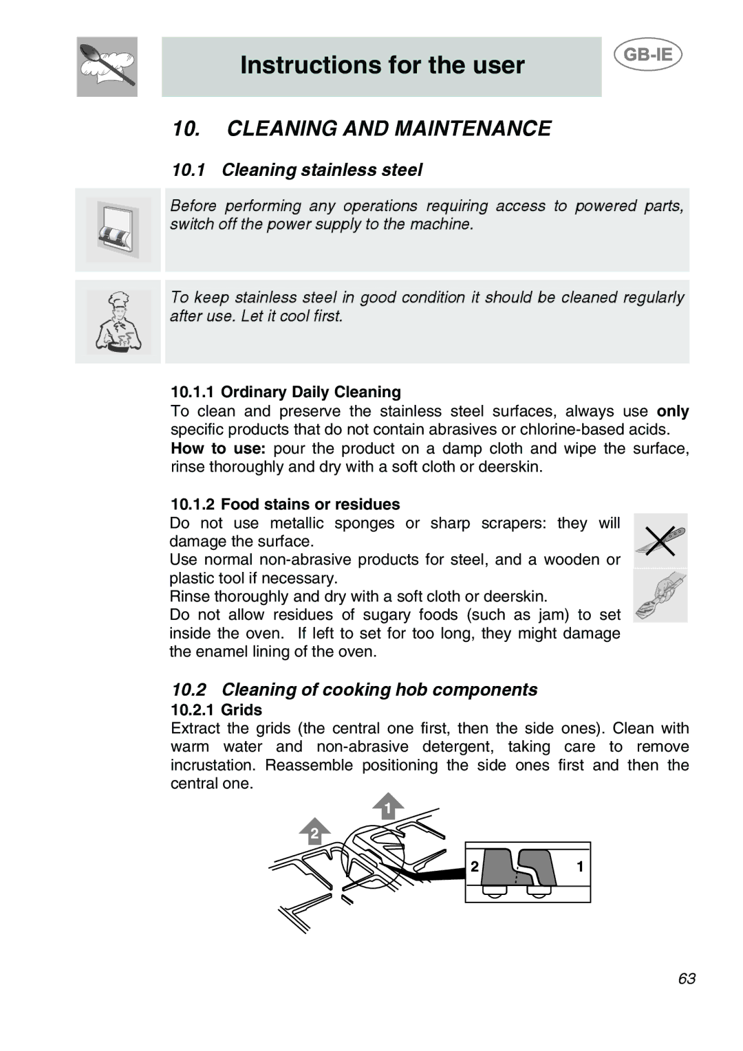 Smeg A2-6 manual Cleaning and Maintenance, Cleaning stainless steel, Cleaning of cooking hob components 