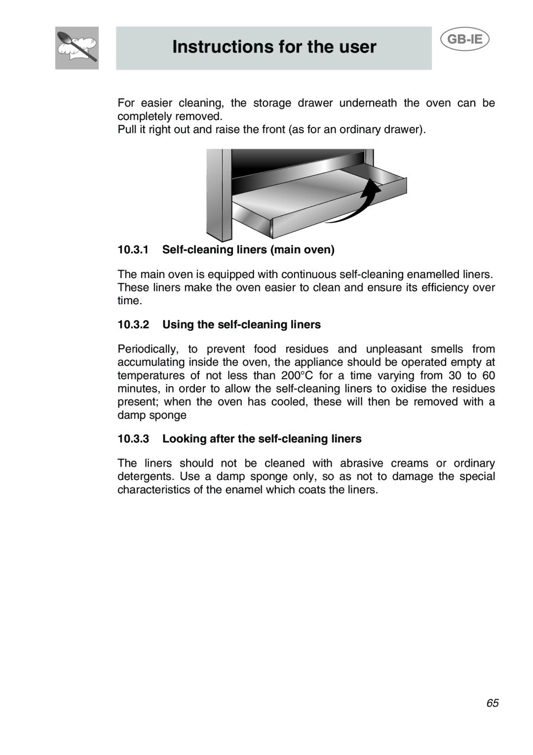 Smeg A2-6 manual Self-cleaning liners main oven, Using the self-cleaning liners, Looking after the self-cleaning liners 