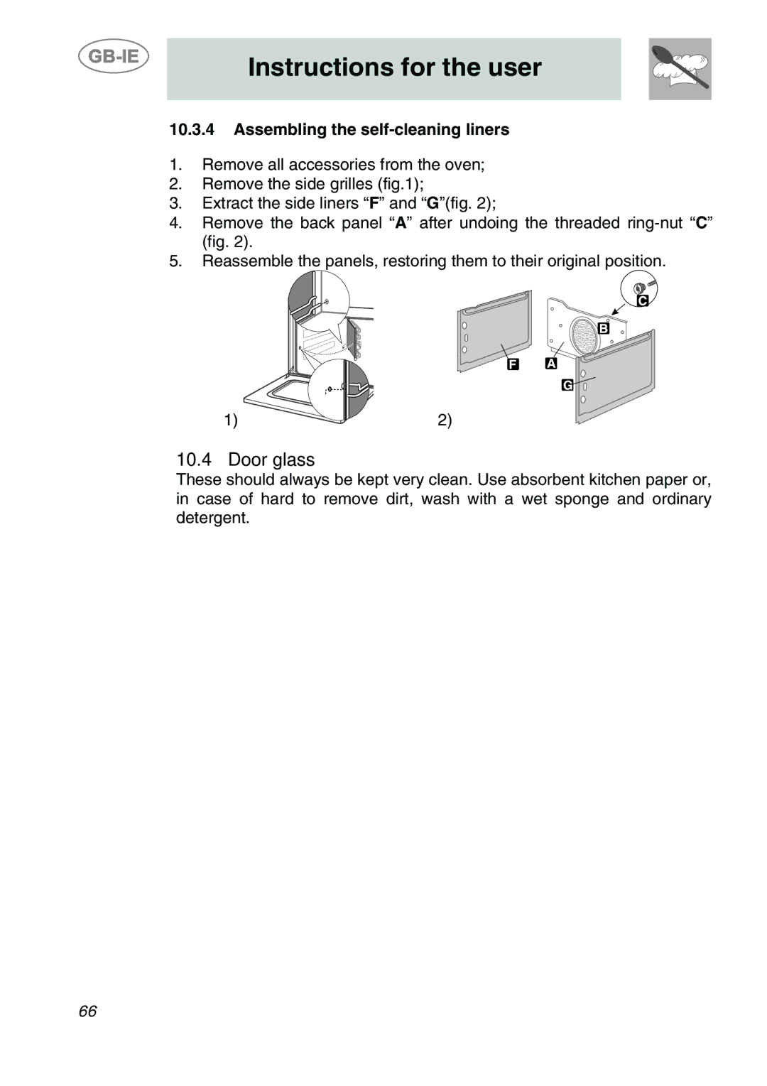 Smeg A2-6 manual Door glass, Assembling the self-cleaning liners 