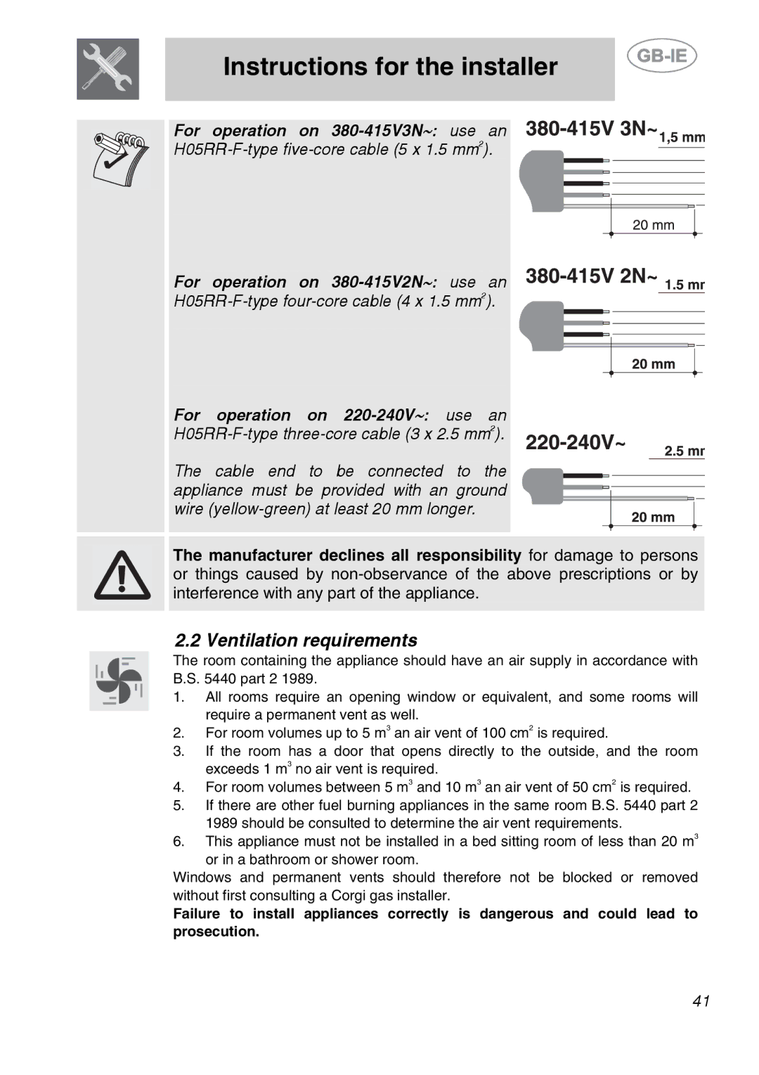 Smeg A2-6 manual Ventilation requirements, For operation on 220-240V∼ use an 