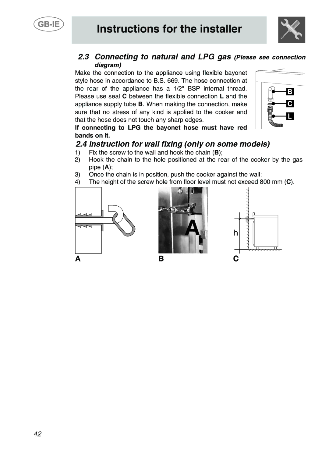 Smeg A2-6 manual Connecting to natural and LPG gas Please see connection, Instruction for wall fixing only on some models 