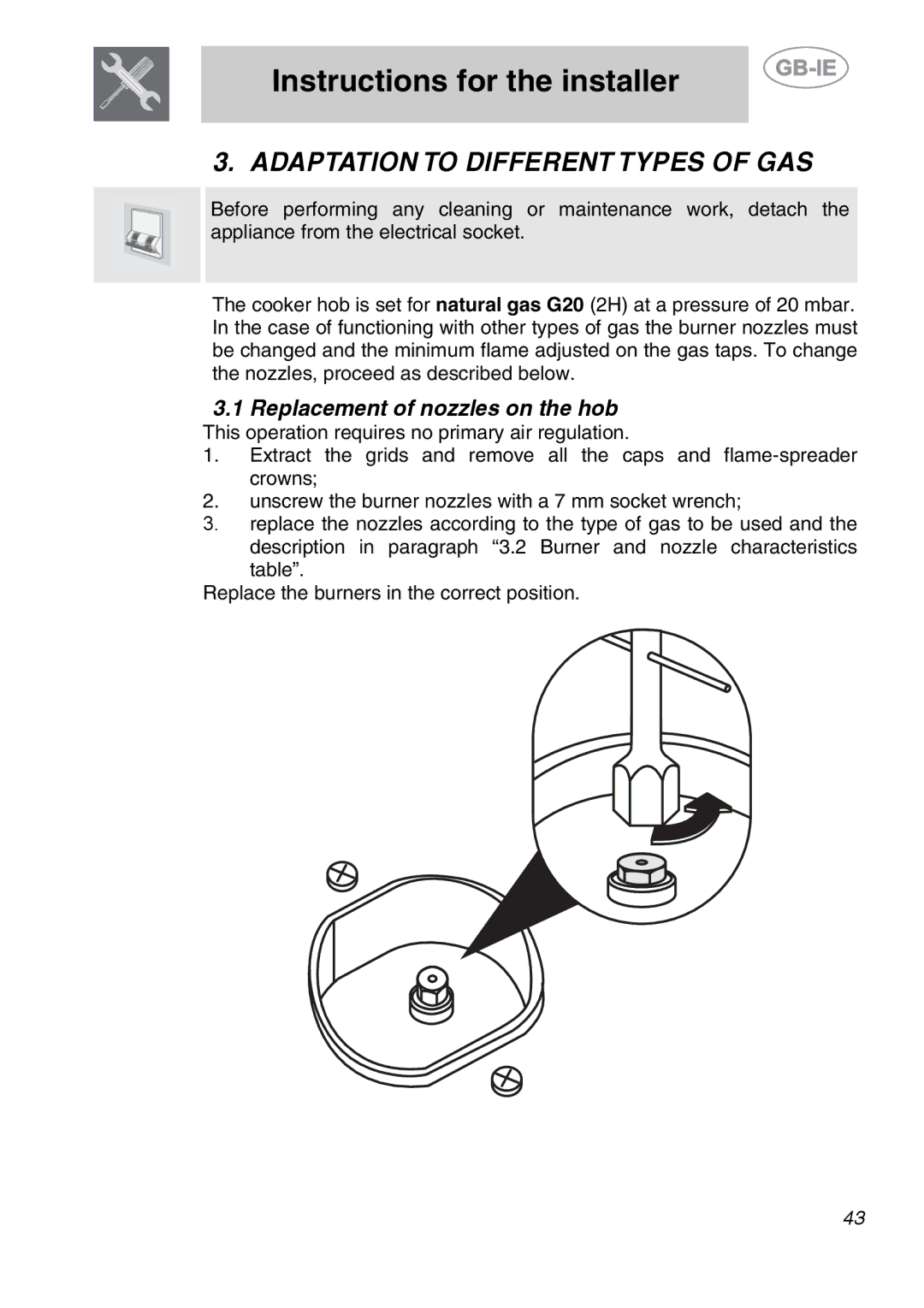 Smeg A2-6 manual Adaptation to Different Types of GAS, Replacement of nozzles on the hob 