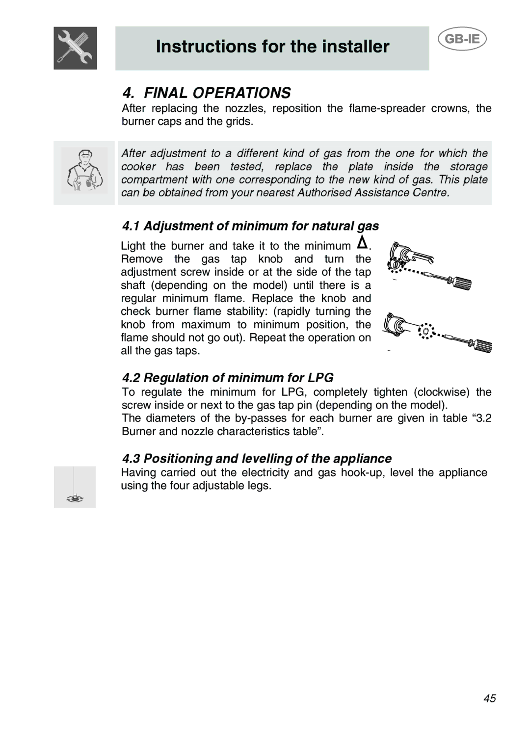 Smeg A2-6 manual Final Operations, Adjustment of minimum for natural gas, Regulation of minimum for LPG 