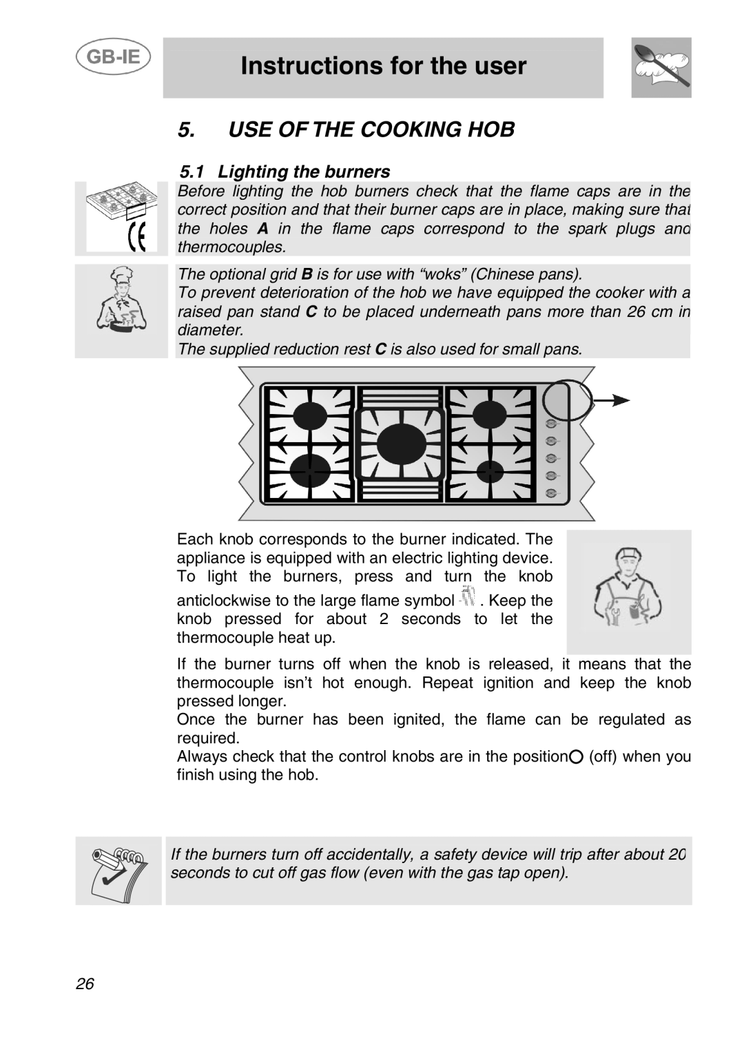 Smeg A21A0XXAA manual Instructions for the user, USE of the Cooking HOB, Lighting the burners 