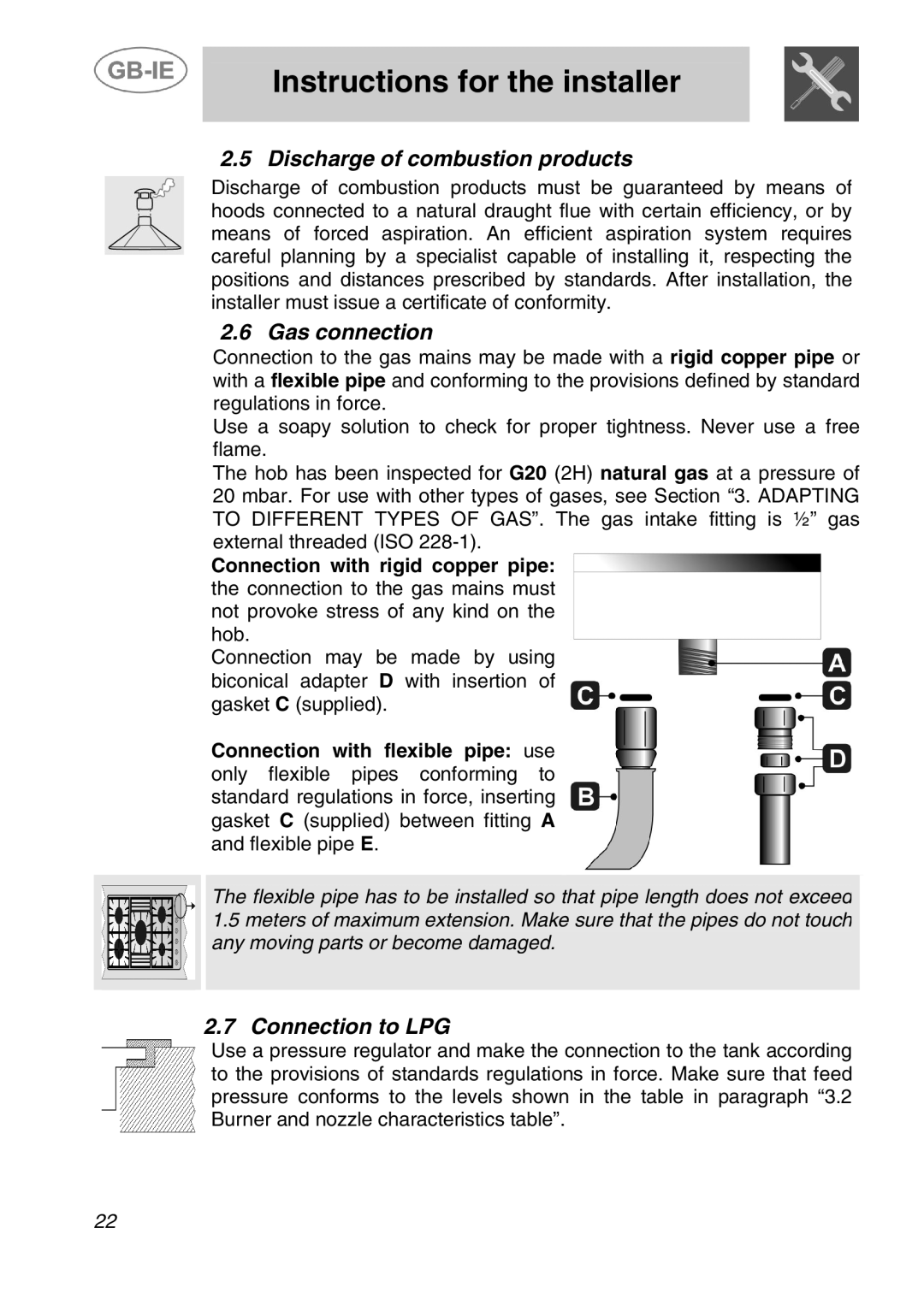 Smeg A21A0XXAA manual Discharge of combustion products, Gas connection, Connection to LPG 