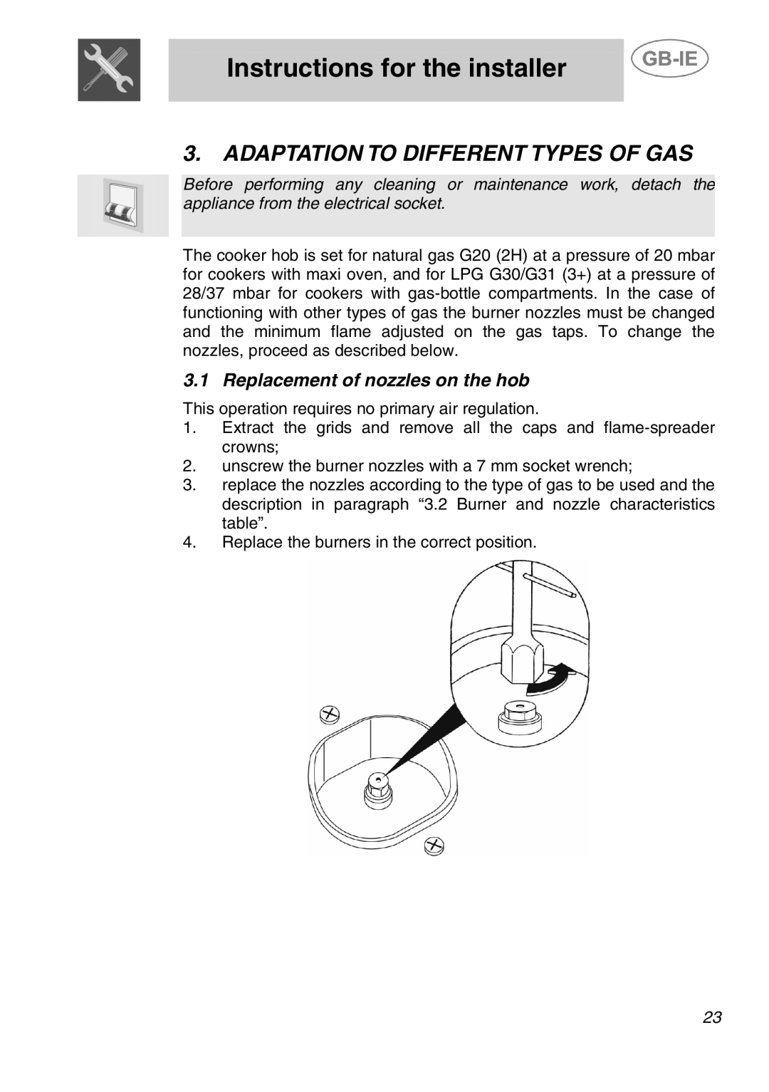 Smeg A21A0XXAA manual Adaptation to Different Types of GAS, Replacement of nozzles on the hob 