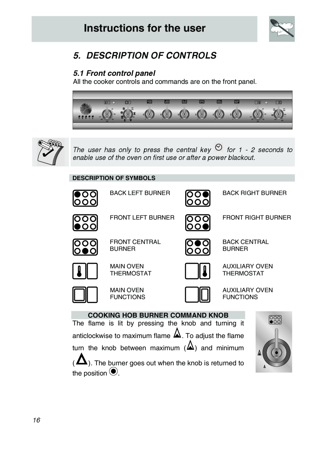 Smeg A21X-5 manual Instructions for the user, Description Of Controls, Front control panel, Cooking Hob Burner Command Knob 