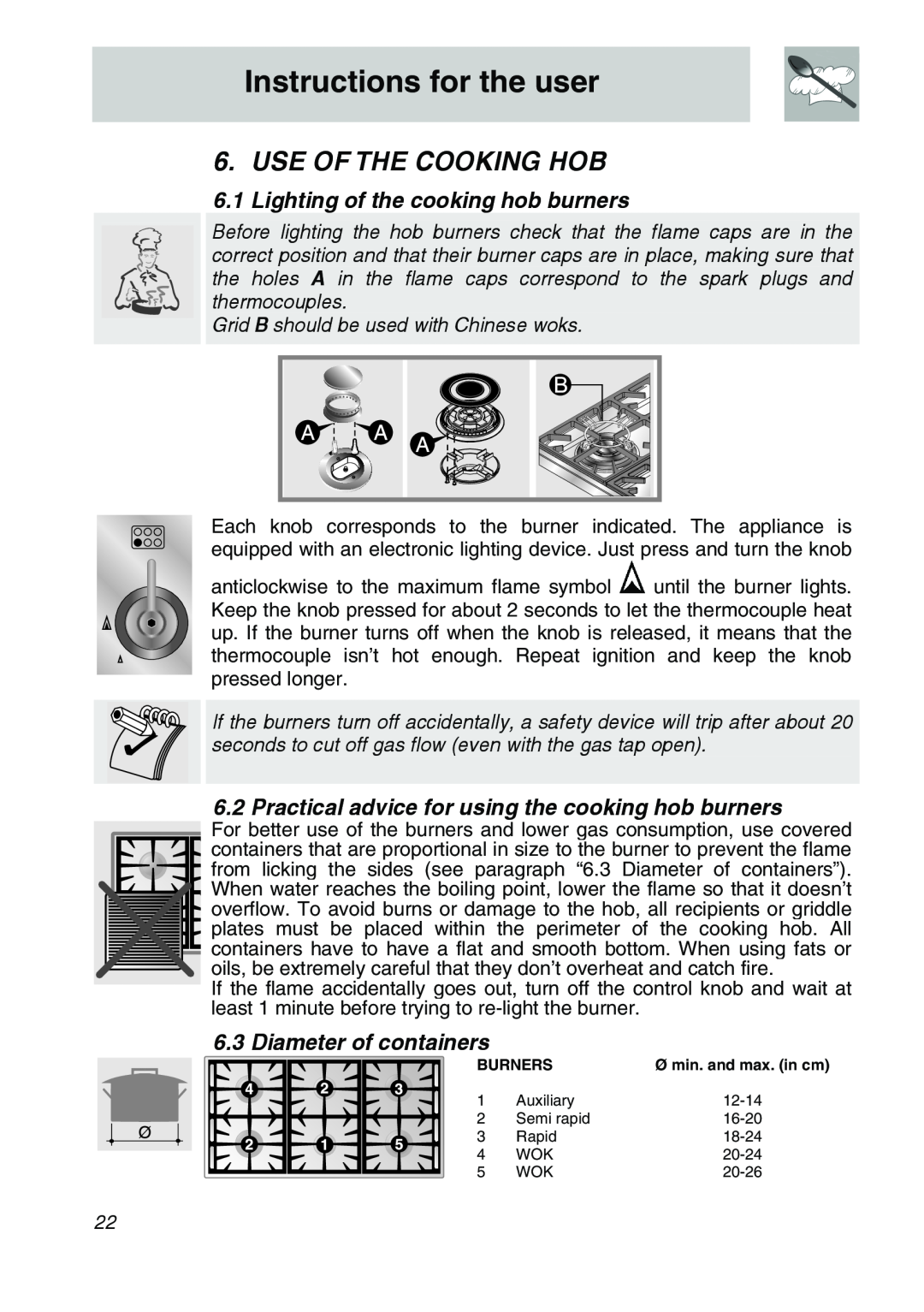 Smeg A21X-5 Use Of The Cooking Hob, Lighting of the cooking hob burners, Diameter of containers, Instructions for the user 