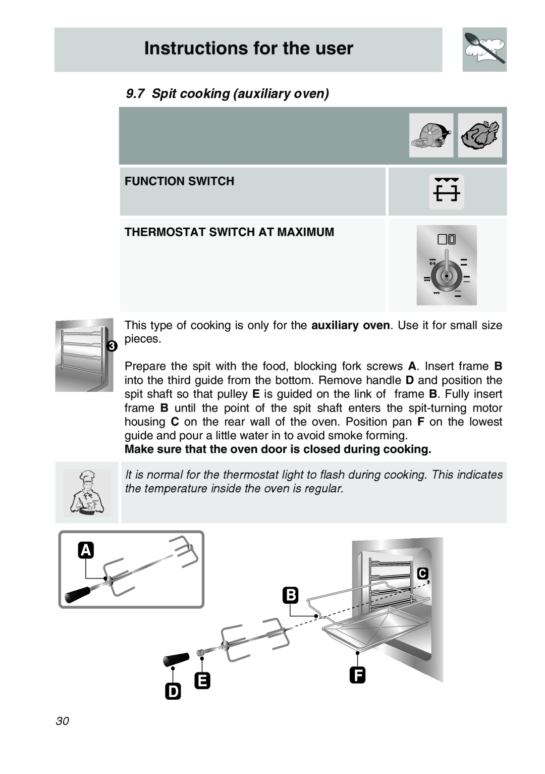 Smeg A21X-5 manual Spit cooking auxiliary oven, Instructions for the user, Function Switch Thermostat Switch At Maximum 