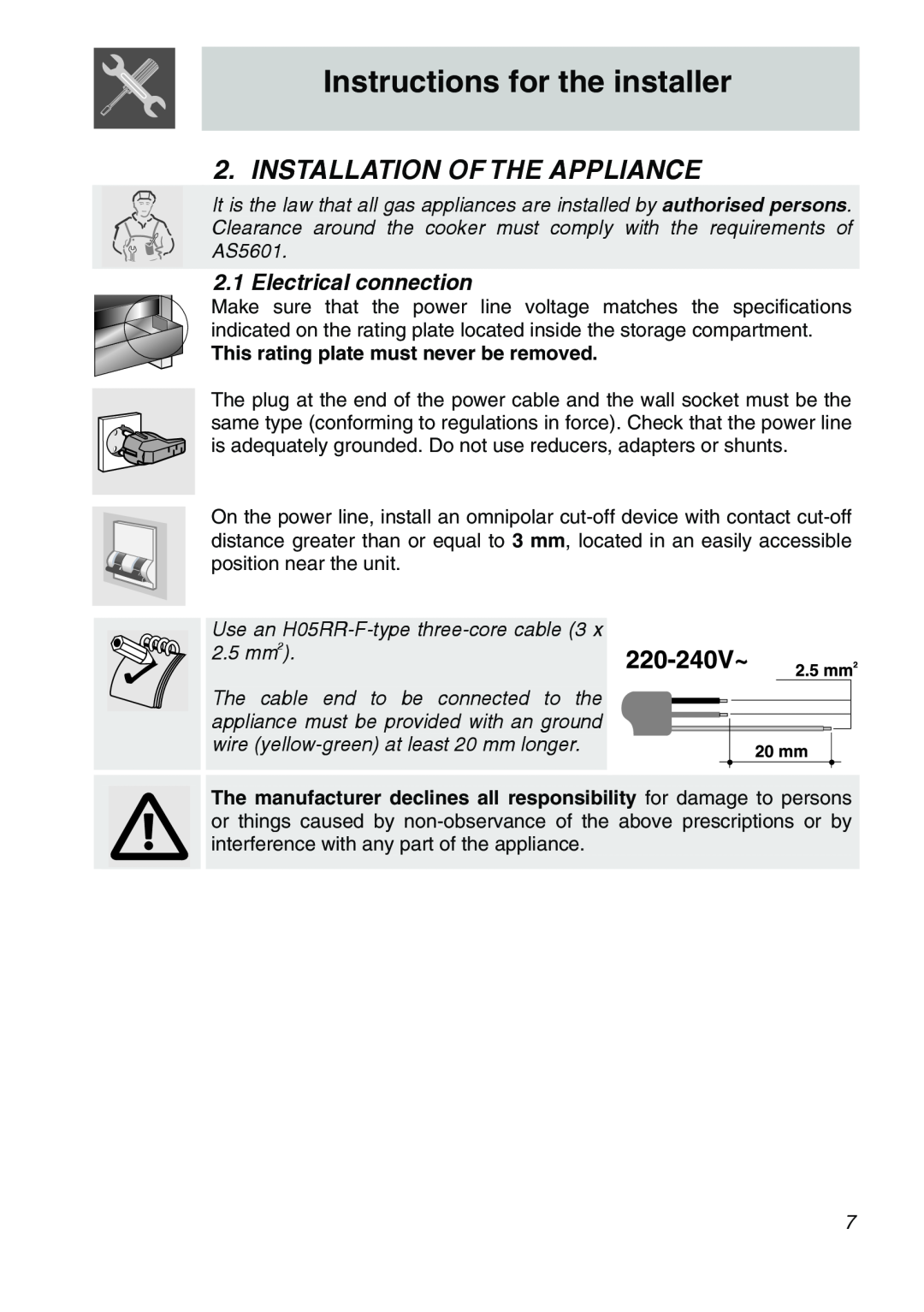 Smeg A21X-5 manual Instructions for the installer, Installation Of The Appliance, Electrical connection 