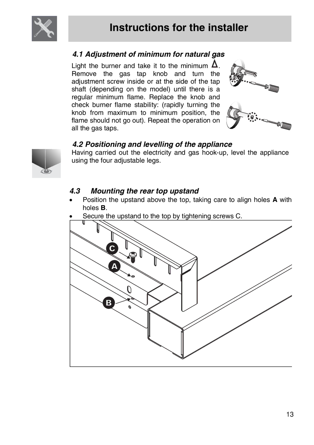 Smeg A21X-6 manual Adjustment of minimum for natural gas, Positioning and levelling of the appliance 