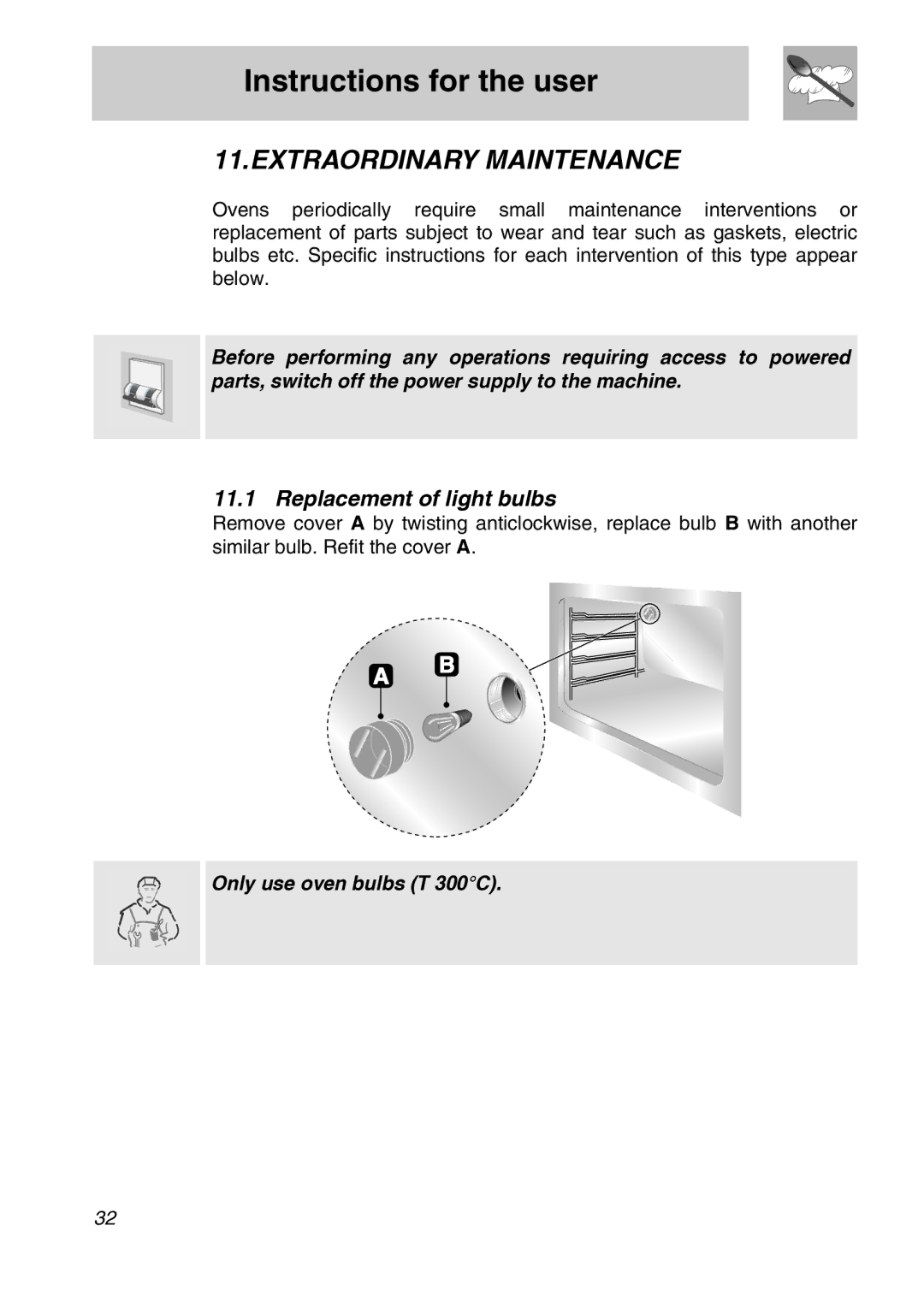 Smeg A21X-6 manual Extraordinary Maintenance, Replacement of light bulbs 