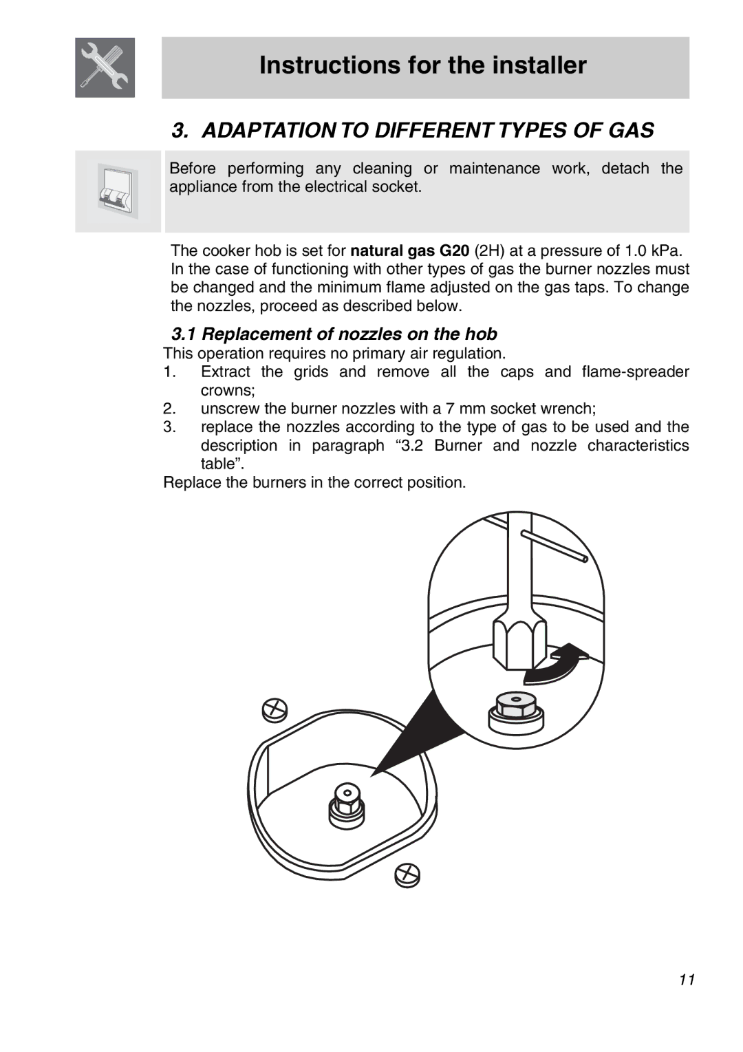 Smeg A21X-6 manual Adaptation to Different Types of GAS, Replacement of nozzles on the hob 