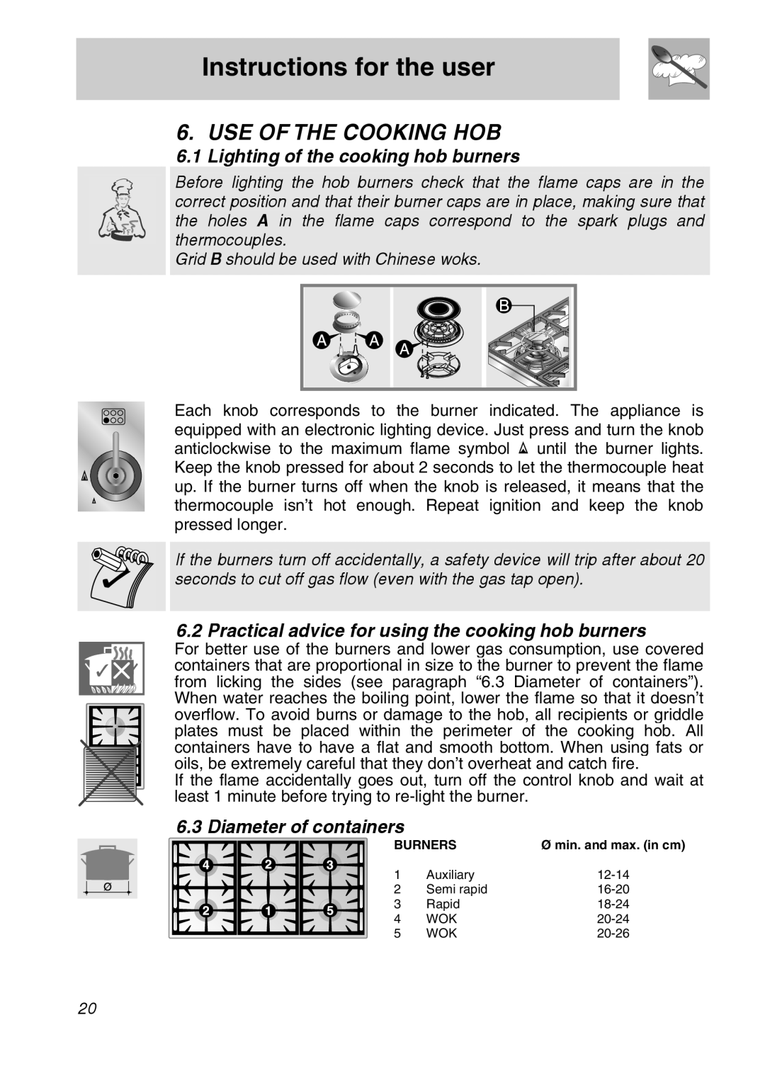 Smeg A21X-6 Use Of The Cooking Hob, Lighting of the cooking hob burners, Diameter of containers, Instructions for the user 