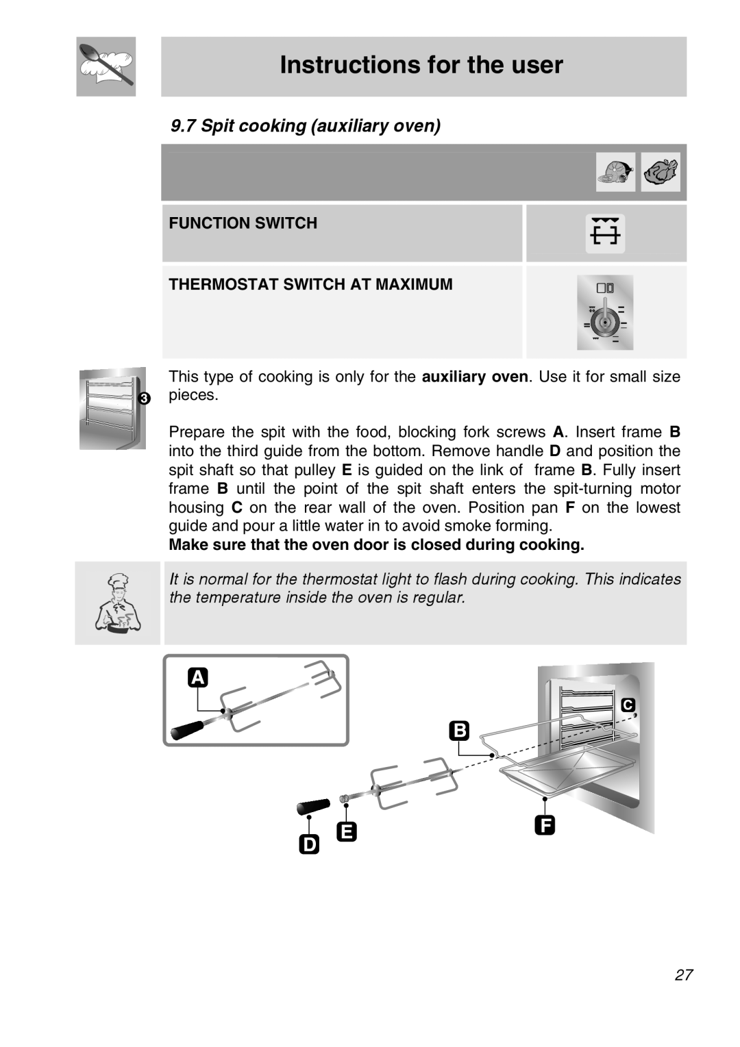 Smeg A21X-6 manual Spit cooking auxiliary oven, Instructions for the user, Function Switch Thermostat Switch At Maximum 