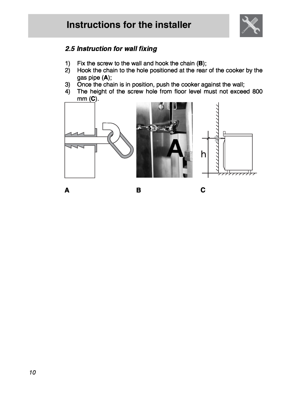 Smeg A21X-6 manual Instruction for wall fixing, Instructions for the installer 