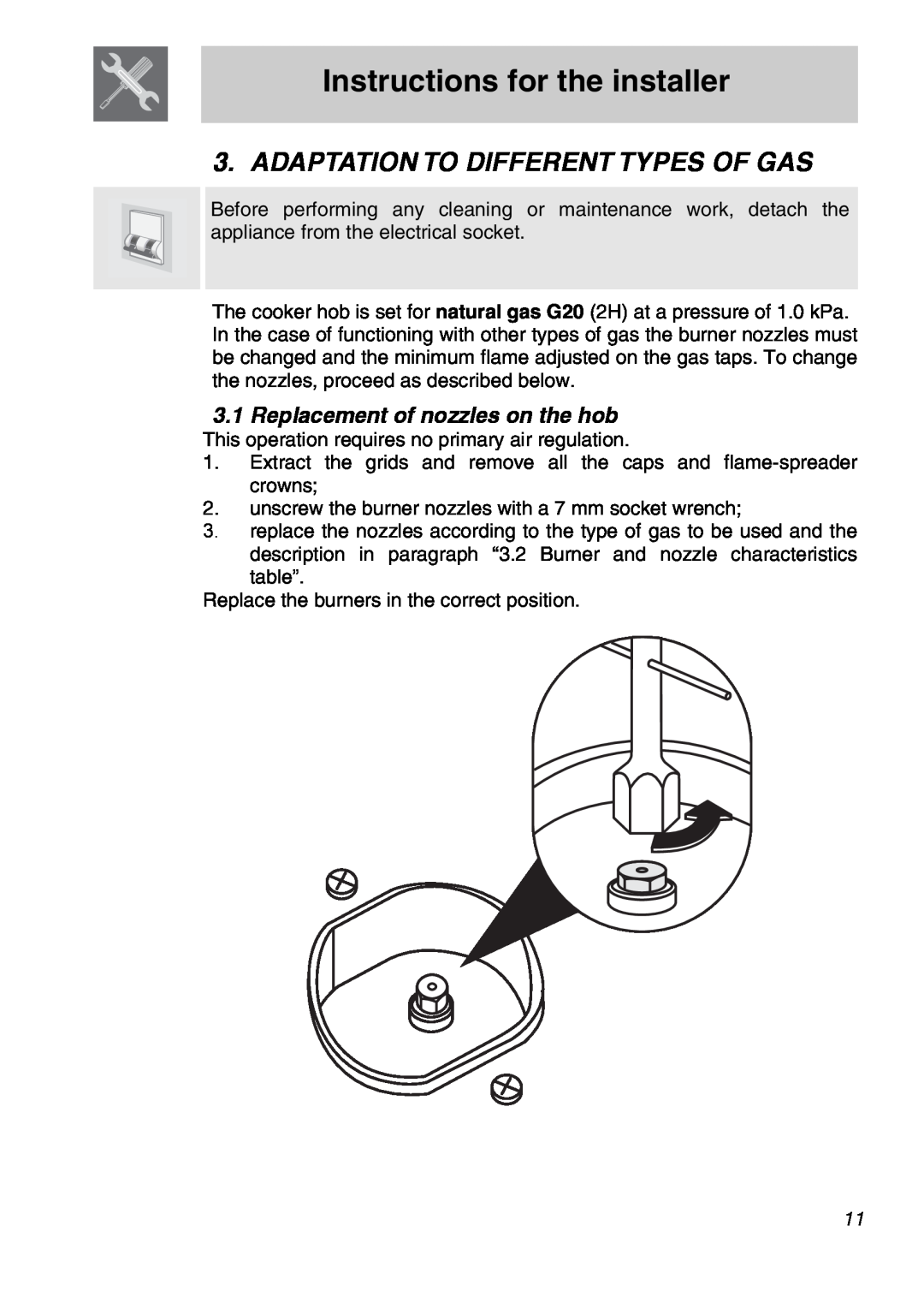 Smeg A21X-6 Adaptation To Different Types Of Gas, 3.1Replacement of nozzles on the hob, Instructions for the installer 