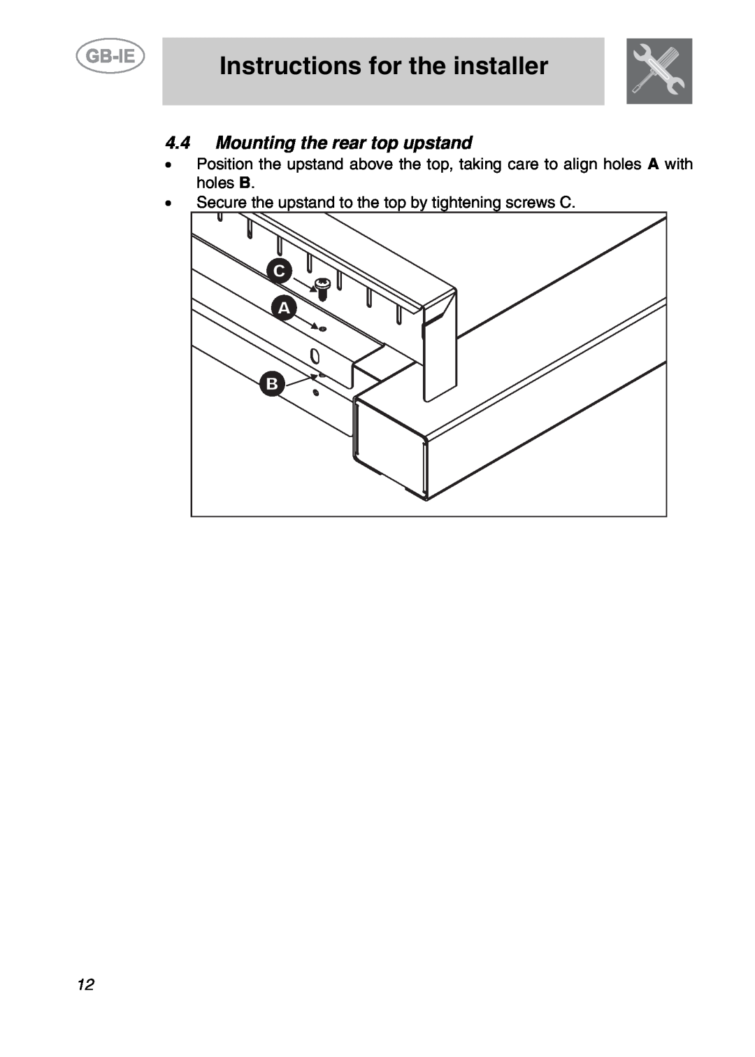 Smeg A2EA manual 4.4Mounting the rear top upstand, Instructions for the installer 