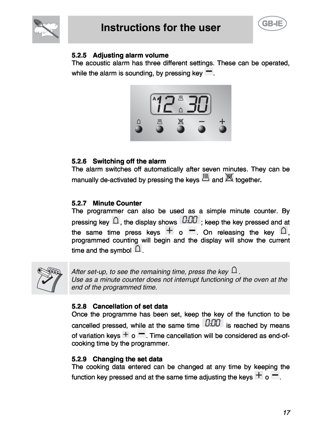 Smeg A2EA manual Instructions for the user, Adjusting alarm volume, Switching off the alarm, Minute Counter 