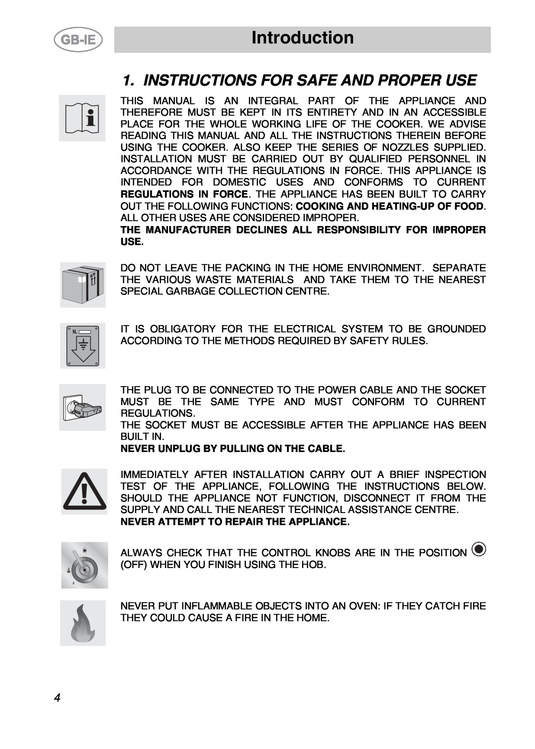 Smeg A2EA manual Introduction, Instructions For Safe And Proper Use, Never Unplug By Pulling On The Cable 