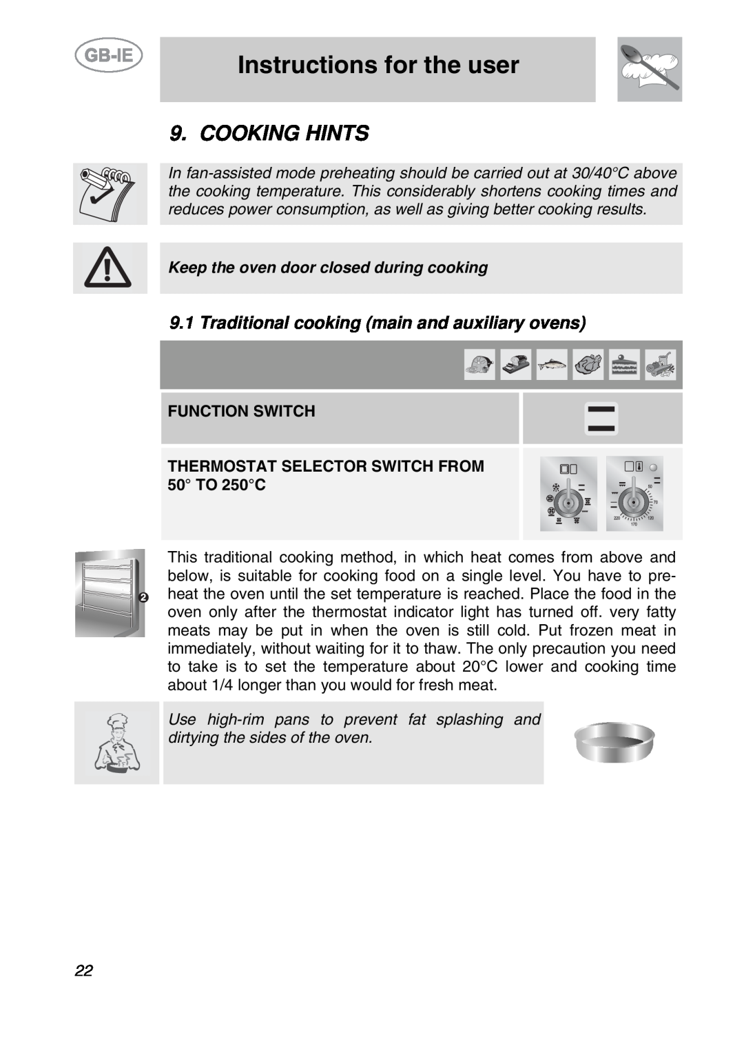 Smeg A2EA manual Cooking Hints, Traditional cooking main and auxiliary ovens, Instructions for the user, Function Switch 