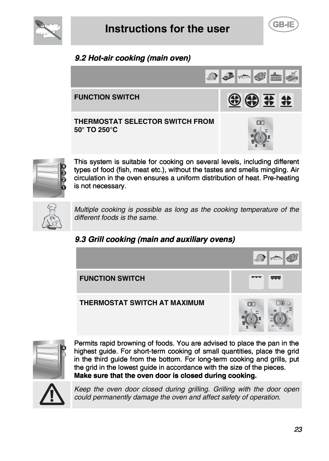 Smeg A2EA Hot-aircooking main oven, Grill cooking main and auxiliary ovens, Instructions for the user, Function Switch 