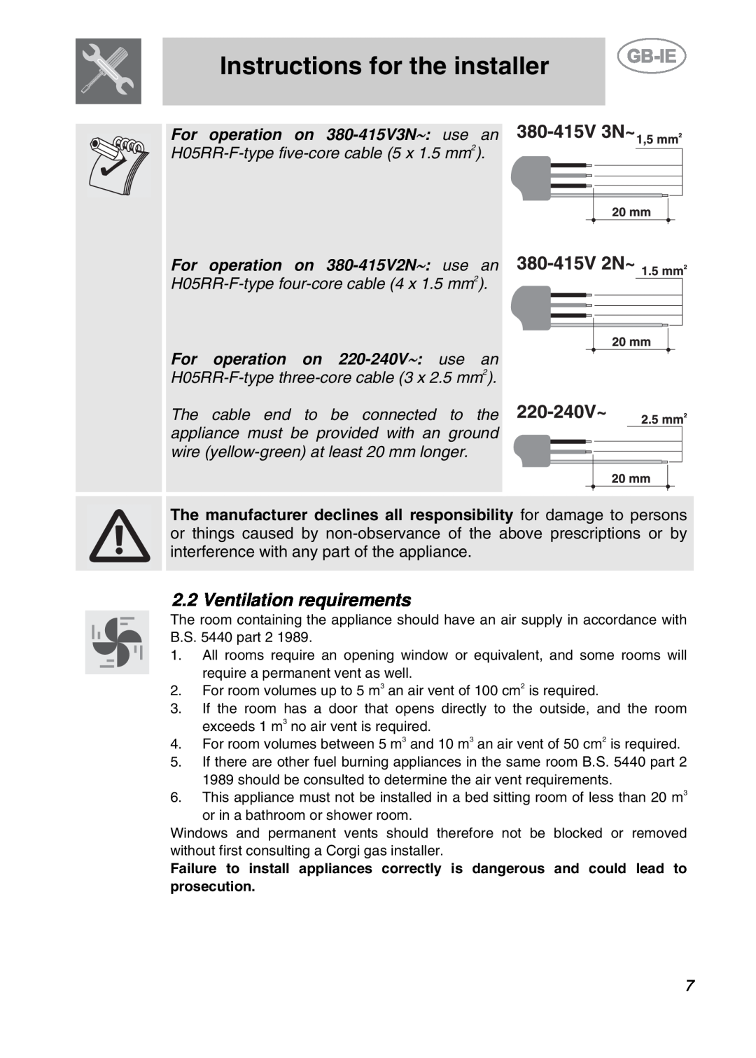 Smeg A2EA manual Ventilation requirements, Instructions for the installer, For operation on 380-415V3N∼: use an 