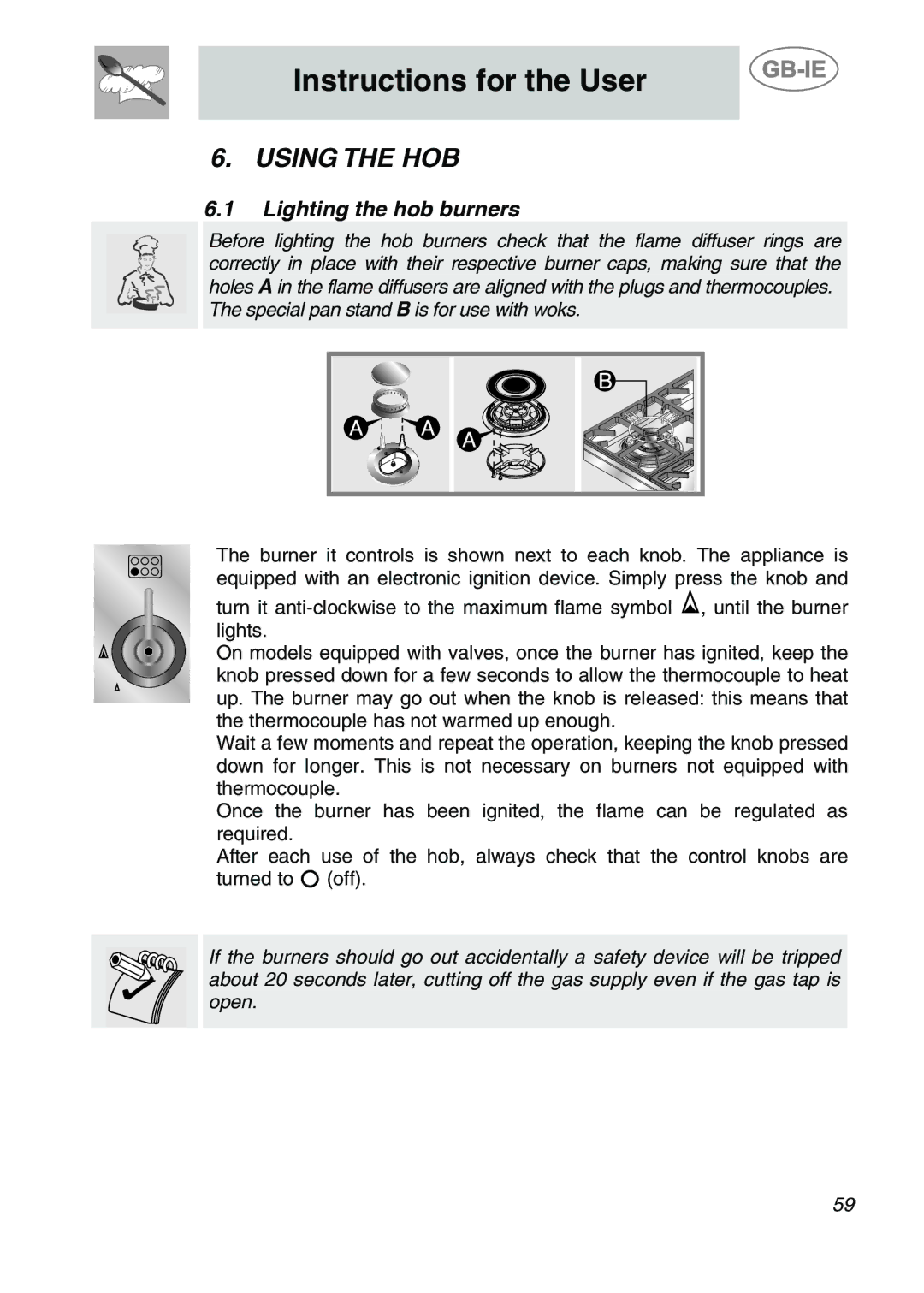 Smeg A2PY-6 manual Using the HOB, Lighting the hob burners 